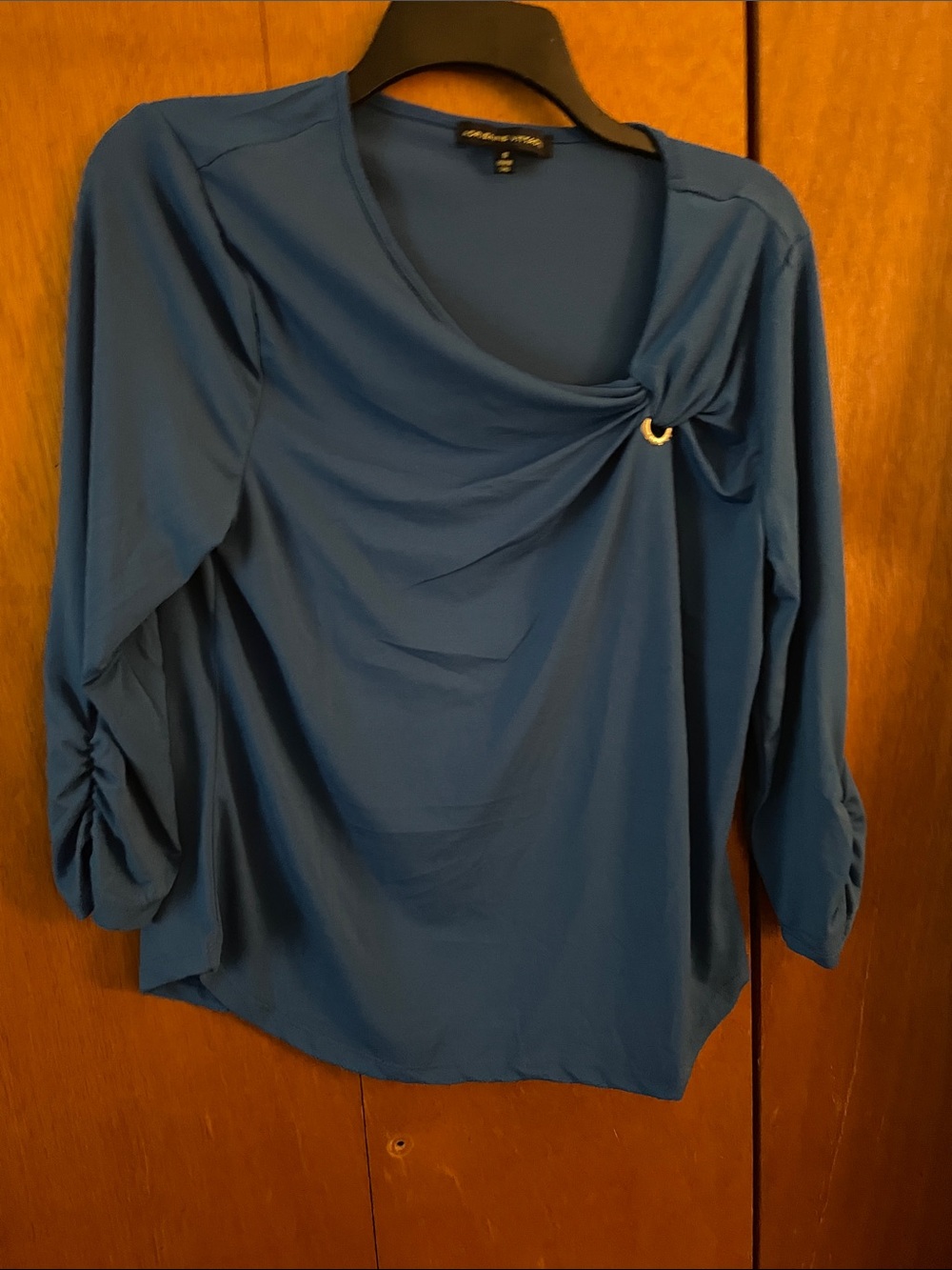 Adrienne Vittadini Blue Draped Long-Sleeve Top with Ring Detail